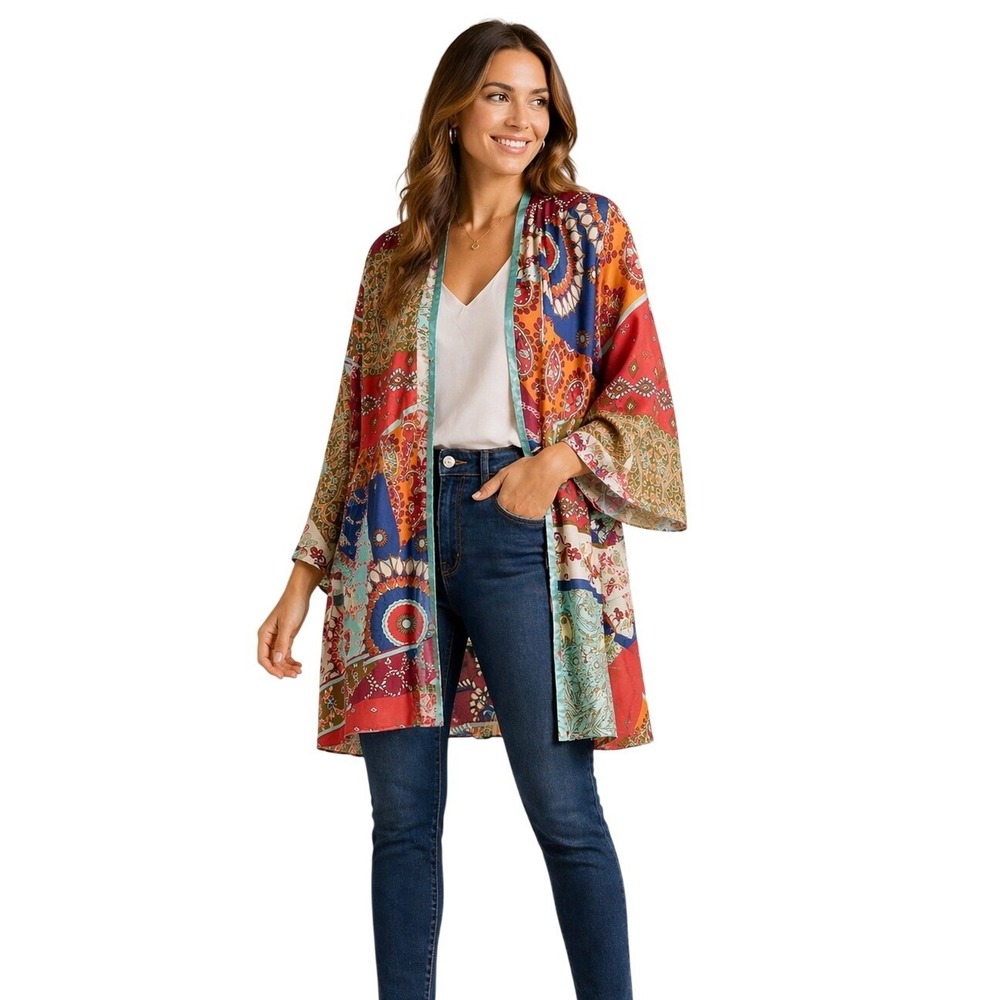 Cabi Kimono‎ Wrap Top Womens Medium Multicolor Patchwork Paisley Boho